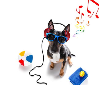 Dj bull terrier dog playing music and ready for summer vacation holidays isolated on white background
