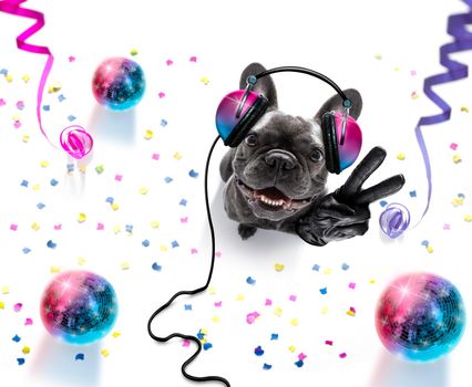 french bulldog  dog playing music in a club with disco ball , isolated on white background, with vinyl record