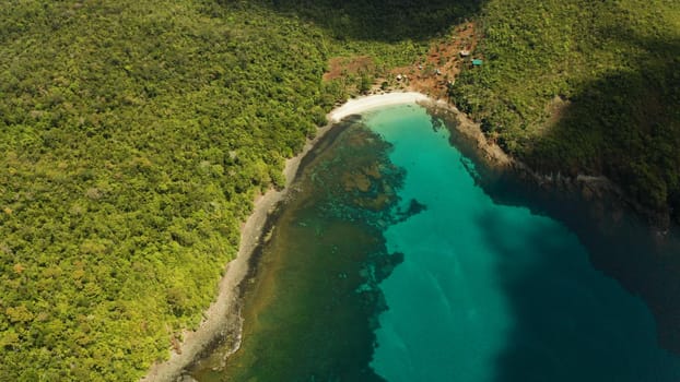 Aerial view beautiful tropical beach in the cove with blue lagoon and turquoise water surrounded by rainforest. Palawan, Philippines. tropical landscape. Seascape island and clear blue water. Summer and travel vacation concept