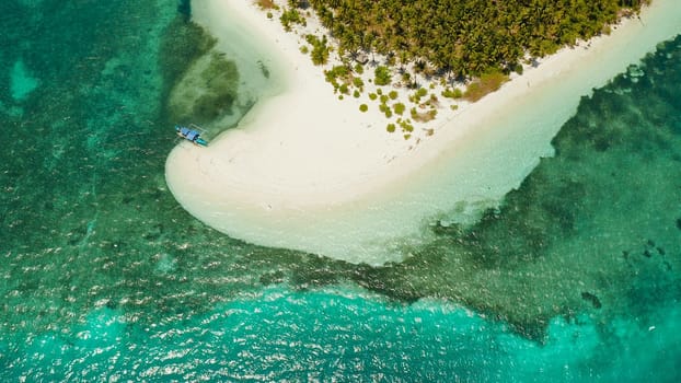 Tropical island with sandy beach by atoll with coral reef and blue sea, aerial view. Patongong Island with sandy beach. Summer and travel vacation concept.