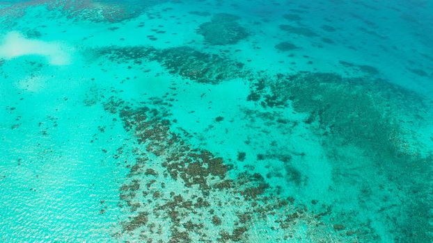 Turquoise lagoon surface on atoll and coral reef, copy space for text. Top view transparent turquoise ocean water surface. background texture