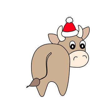 Bull in a winter hat. Vector animal illustrationfor kids. Template adorable character for your design. Colorful cartoon cute cow. New Year and Christmas symbol 2021. Isolated icon