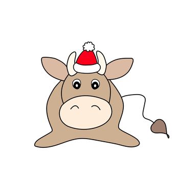 Bull in a winter hat. Vector animal illustrationfor kids. Template adorable character for your design. Colorful cartoon cute cow. New Year and Christmas symbol 2021. Isolated icon