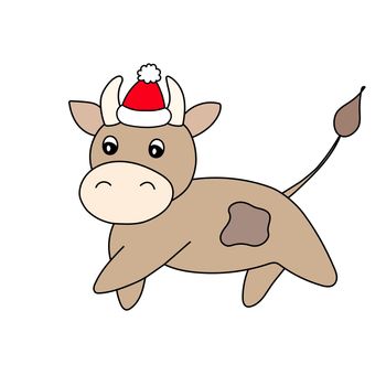 Bull in a winter hat. Vector animal illustrationfor kids. Template adorable character for your design. Colorful cartoon cute cow. New Year and Christmas symbol 2021. Isolated icon