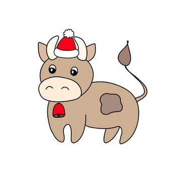 Bull in a winter hat. Vector animal illustrationfor kids. Template adorable character for your design. Colorful cartoon cute cow. New Year and Christmas symbol 2021. Isolated icon