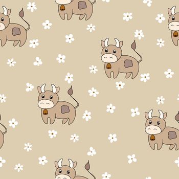 Vector flat animals colorful illustration for kids. Seamless pattern with cute bull and flowers on beige background. Cartoon adorable character. Design for textures, card, poster, fabric, textile.