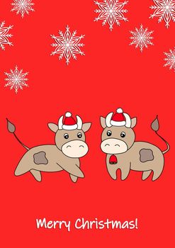Merry Christmas, holiday, celebration greeting and invitation card, banner, frame, header, postcard. Colorful cute vector with animal and snowflakes on red background. Bull in a winter hat