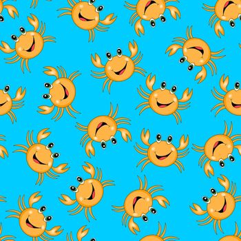 Seamless pattern with cute orange crab on blue background. Vector animals colorful illustration. Adorable character for cards, wallpaper, textile, fabric, kindergarten. Cartoon style