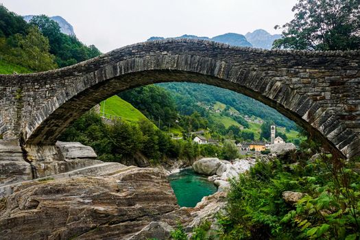 View from the Ponte dei Salti to the beautiful village Lavertezzo with it's famous church in the canton Ticino, Switzerland