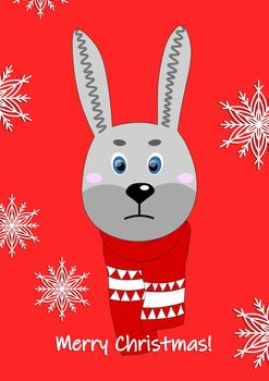 Merry Christmas, holiday, celebration greeting and invitation card, banner, frame, header, postcard. Layout template. Cartoon flat illustration with cute hare face in a winter scarf.