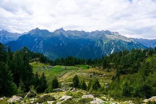 View over the alp Corte di Mognola to the Pizzo di Roed mountain range near Fusio, Val Lavizzara, Ticino Switzerland