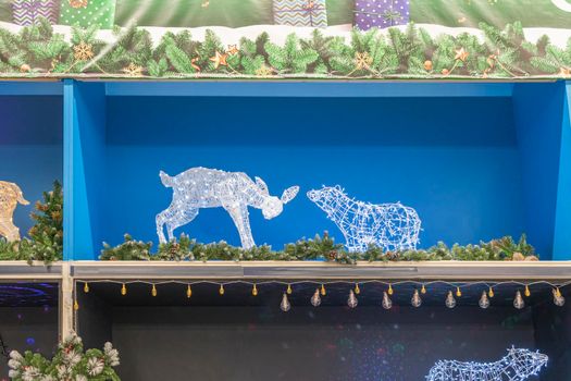 christmas toys on store shelves close - up as background. High quality photo