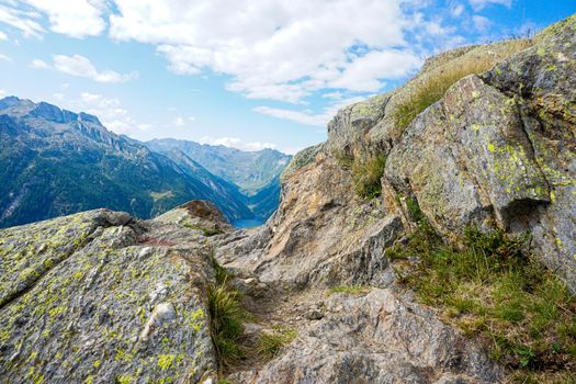 Majestic view to the Lago del Sambuco from a rocky path near Fusio, Ticino, Switzerland