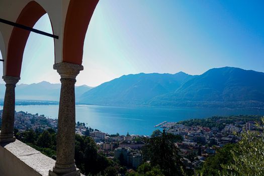 Locarno and Lago Maggiore with Arcs of the pilgrimage church Madonna del Sasso