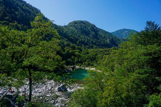 Natural pool in the Maggia river with beautiful turqouise water