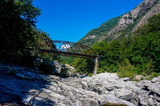 Bridge over the Maggia river shot from the riverbed