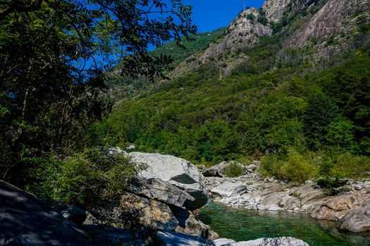 Beautiful view on turquois pool of the Maggia river, Ticino, Switzerland