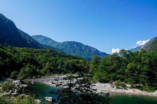 Panoramic view over the Maggia river, Ticino, Switzerland