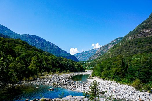 The Maggia river in Ticino, Switzerland surrounded by beautiful landscape