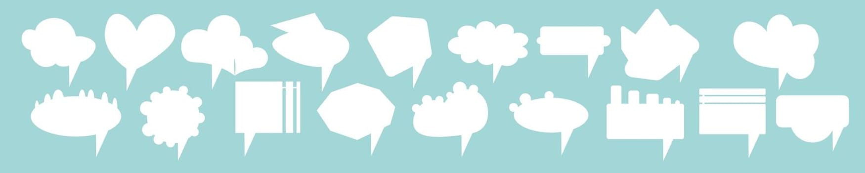 Big set of vector white comic speech bubbles on blue background. Isolated colorful banner, empty paper shape. Cartoon flat illustration for chat. Template frame. Hand draw style, dialog cloud