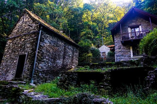 Idyllic houses in the hamlet Dunzio, Maggia valley near Aurigeno, Switzerlan