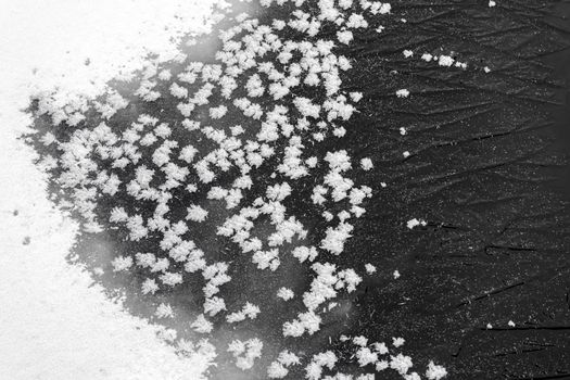 patterns of snow on the frozen water of the river. High quality photo