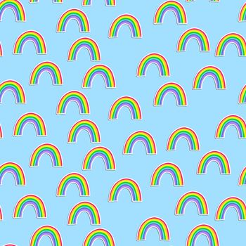 Fashion seamless pattern with colorful rainbow on blue background. Design for invitation, poster, card, fabric, textile, fabric. Cute holiday illustration for baby. Doodle style