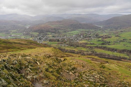View from the summit of Wansfell Pike across Ambleside and the fells, Lake District, UK