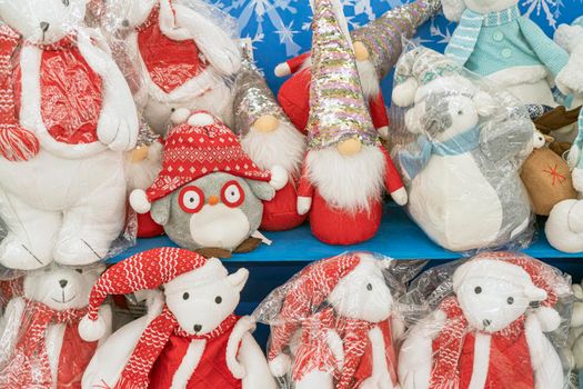 christmas toys on store shelves close - up as background. High quality photo
