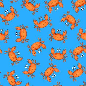 Seamless pattern with cute orange crab on blue background. Vector animals colorful illustration. Adorable character for cards, wallpaper, textile, fabric, kindergarten. Cartoon style