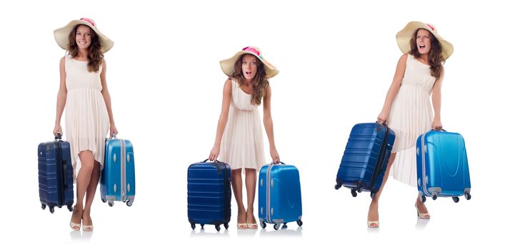 Woman traveller with suitcase isolated on white