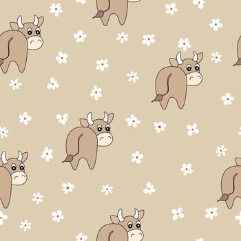 Vector flat animals colorful illustration for kids. Seamless pattern with cute bull and flowers on beige background. Cartoon adorable character. Design for textures, card, poster, fabric, textile.