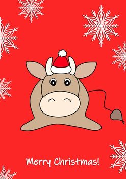 Merry Christmas, holiday, celebration greeting and invitation card, banner, frame, header, postcard. Layout template. Cartoon flat illustration with bull with animal and snowflakes on red background