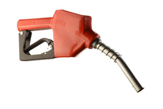 An isolated over a white background image of a red gas nozzle.