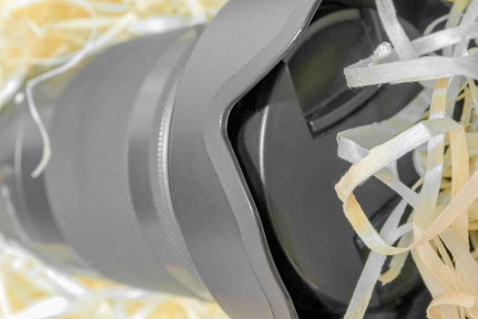 camera lens on a black and white background. high-quality photos
