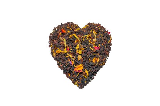 black tea heart shape with fruit pieces and flower petals macro isolate. High quality photo