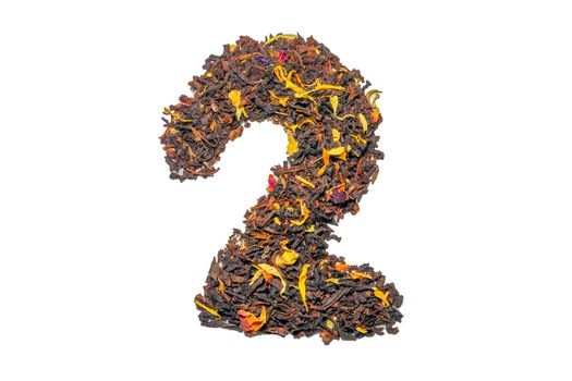 figure two of black tea with flower petals and pieces of fruit isolate. High quality photo