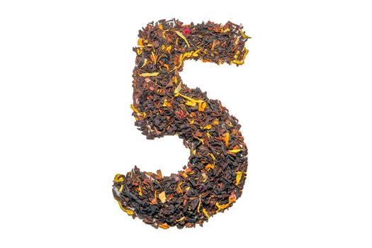 figure five of black tea with flower petals and pieces of fruit isolate. High quality photo