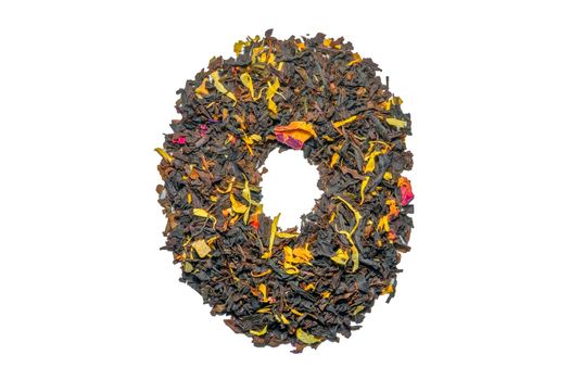 figure zero of black tea with flower petals and pieces of fruit isolate. High quality photo