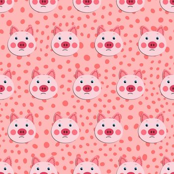 Vector flat animals colorful illustration for kids. Seamless pattern with cute pig face on pink polka dots background. Adorable cartoon character. Design for textures, card, poster, fabric, textile.