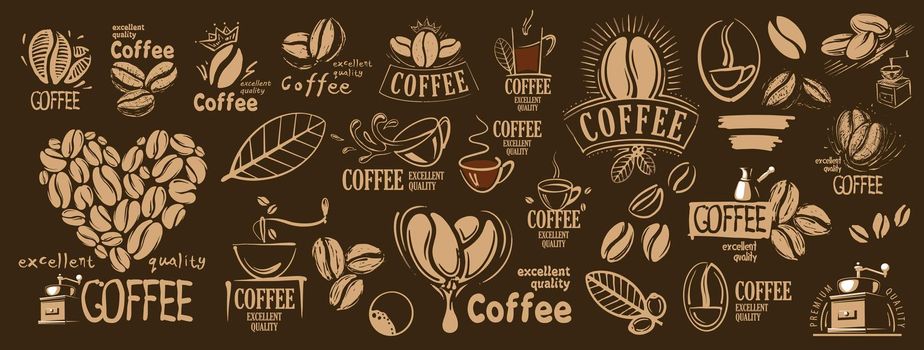 Large vector set of drawn logos and coffee elements.