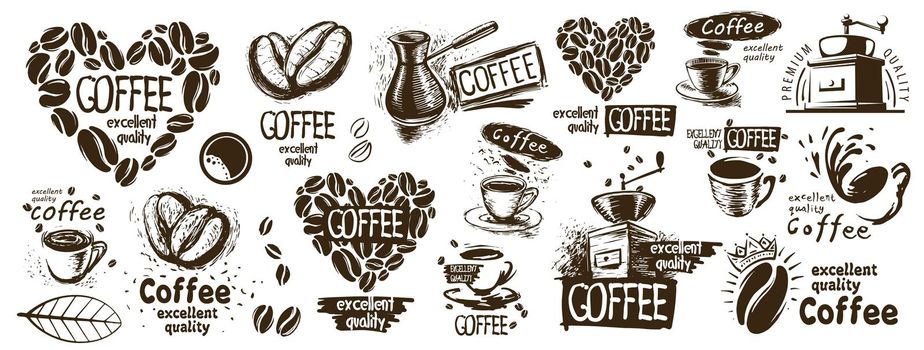 Large vector set of drawn logos and coffee elements.