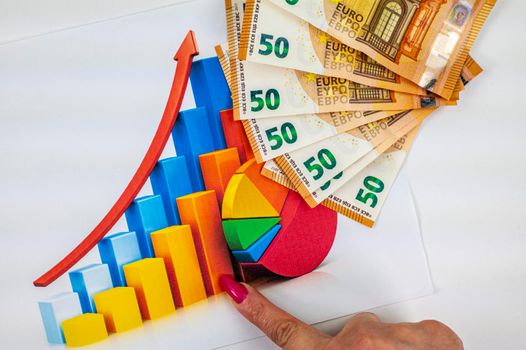 statistics graph with 50 bills and woman hand pointing on white background