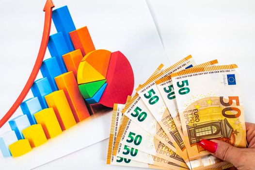 statistics graph with 50 euro banknotes on white background