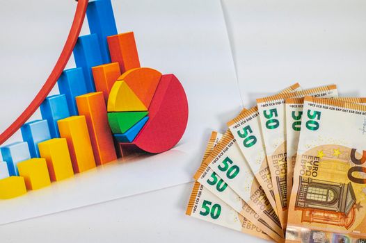 statistics graph with 50 euro banknotes on white background