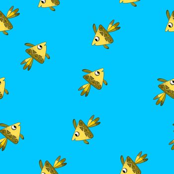 Seamless pattern with cute fish on blue background. Vector cartoon animals colorful illustration. Adorable character for cards, wallpaper, textile, fabric. Flat style