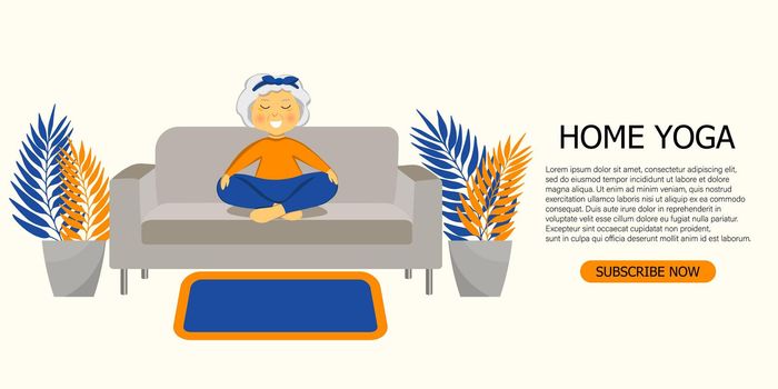 Concept of online lessons, yoga studio. Sporty Granny does yoga on a sofa. Old person. Exersice for better health. Grandma, grandmother character for landing page, banner,add.Vector flat illustration