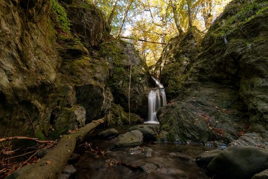 Beautiful view of a river with an waterfall in the forest.