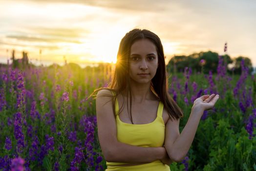 beautiful girl in yellow dress  standing in a field of lupine flowers