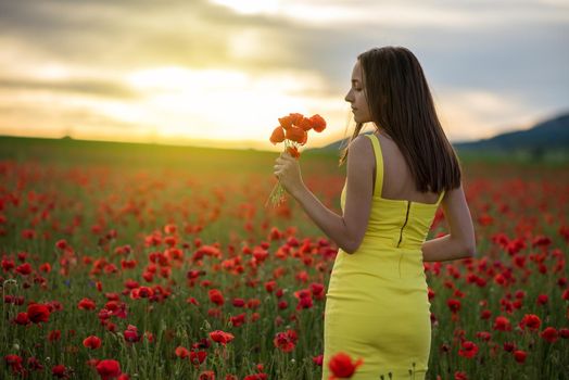 Woman in yellow dress standing in field of poppies